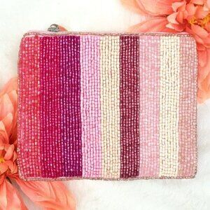 Pink Fuchsia Rainbow Striped Seed Beaded Coin Pouch Zipper Purse Storage CC Bag